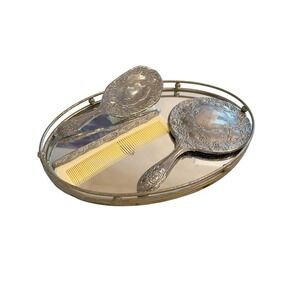 Vintage Silverplate Vanity Set Mirror Brush Comb Tray Mid Century Art Nouveau